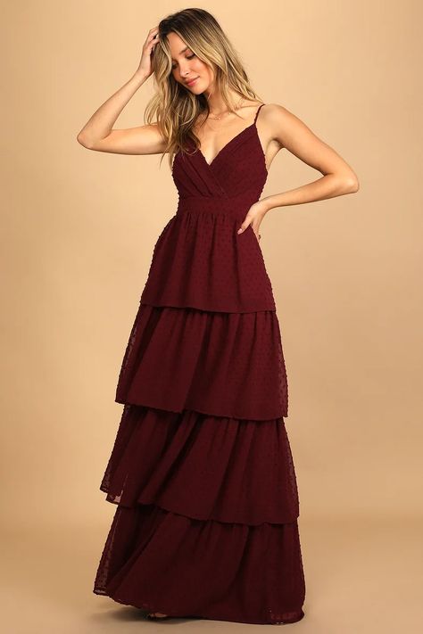 Shop Dresses for Weddings | Wedding Guest Dresses - Lulus Burgundy Maxi Dress, Empire Waist Tops, Fall Wedding Guest, Party Attire, Fall Wedding Guest Dress, Tiered Maxi Skirt, Guest Attire, Wedding Attire Guest, Surplice Neckline