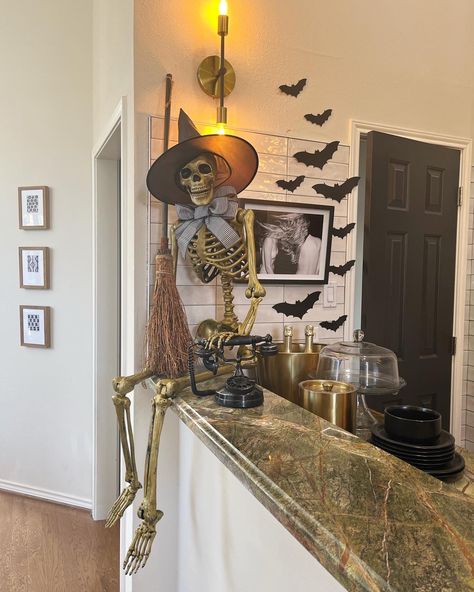 Skeleton At Table, Skeleton Bathtub Decoration, Skeleton Pushing Bar Cart, Skeleton In Cauldron, Skeletons At Dining Table, Spooky Bar Cart, Skeleton Sitting, Witch Skeleton, Gold Skeleton