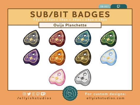 A graphic showing sub/bit badges for Twitch. There's 10 in total. They're all ouija planchette with gold details on them, but they're all different colours. Spooky Board, Ouija Planchette, Creatures Art, Art Theme, Mythical Creatures Art, My Themes, Horror Game, Cute Kawaii, Creature Art