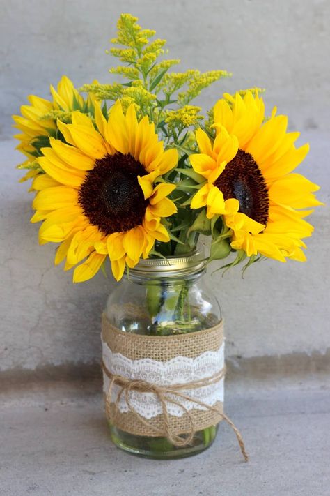 Burlap and Lace Sunflower Mason Jar Vase Sunflower Wedding Centerpieces, Mason Jar Flower Arrangements, Rustic Sunflower Wedding, Sunflower Centerpieces, Sunflower Party, Sunflower Arrangements, Mason Jar Flowers, Mason Jar Centerpieces, Wedding Centerpieces Diy