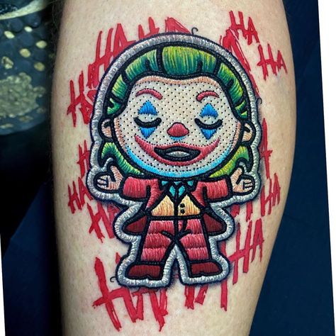 Dc Comics Tattoo, Embroidery Tattoo Ideas, Cult Tattoo, Jigsaw Tattoo, Ink Video, Cross Stitch Tattoo, Patch Tattoo, Joker Tattoo Design, Embroidery Tattoo