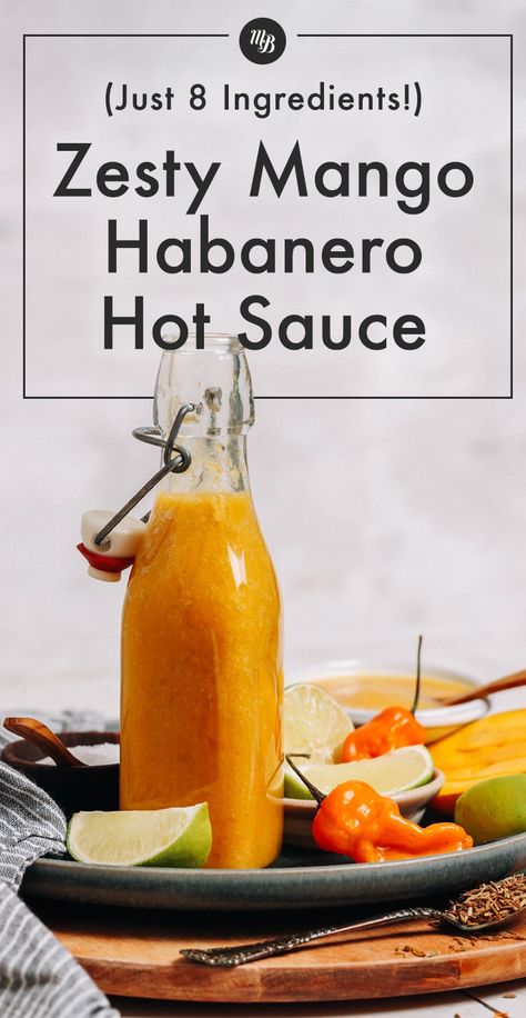 Our Vegan & Gluten-Free Zesty Mango Habanero Hot Sauce recipe is VIBRANT, spicy, citrusy, & requires just 8 INGREDIENTS and 25 minutes to make! Let's spice it up, friends! Mango Haberno Sauce, Paleo Marinade, Mango Habanero Hot Sauce, Habanero Hot Sauce Recipe, Habanero Sauce Recipe, Healing Gut, Habanero Recipes, Mango Habanero Sauce, Hot Sauce Recipe