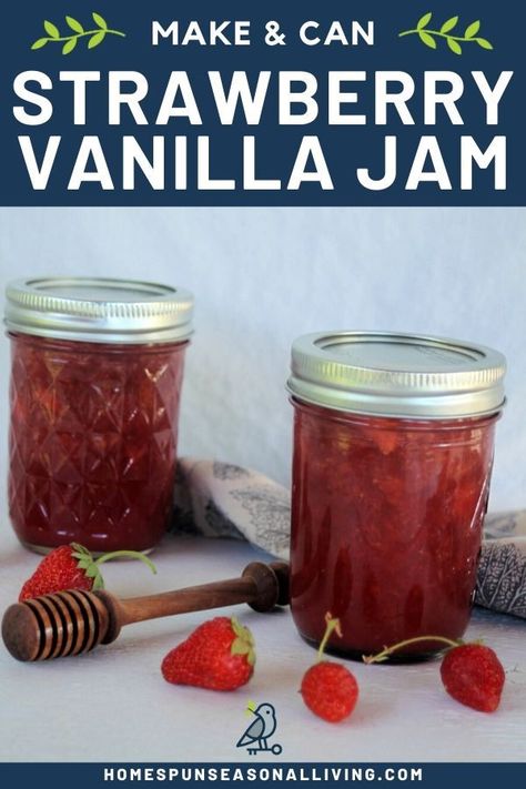 Make and can your own homemade strawberry jam. Find the recipe for a honey-sweetened and touched with vanilla strawberry jam on our blog. #canning #foodpreservation #homesteading Jelly Making, Vanilla Jam, Unusual Recipes, Homestead Recipes, Canned Strawberries, Preserving Foods, Seasonal Eating, Homemade Strawberry Jam, Homemade Jelly