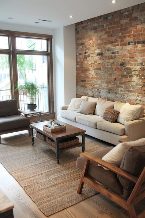 17 Earthy Living Room Ideas That'll Make You Never Want to Leave Home Brick Interior Design Living Rooms, Living Room Brick Wall, Brick Wall Living Room Ideas, Brick Wall Interior Living Room, Brick Wall Interior, Earthy Living Room Ideas, Brick Interior Design, Brick Wall Living Room, Brick Living Room