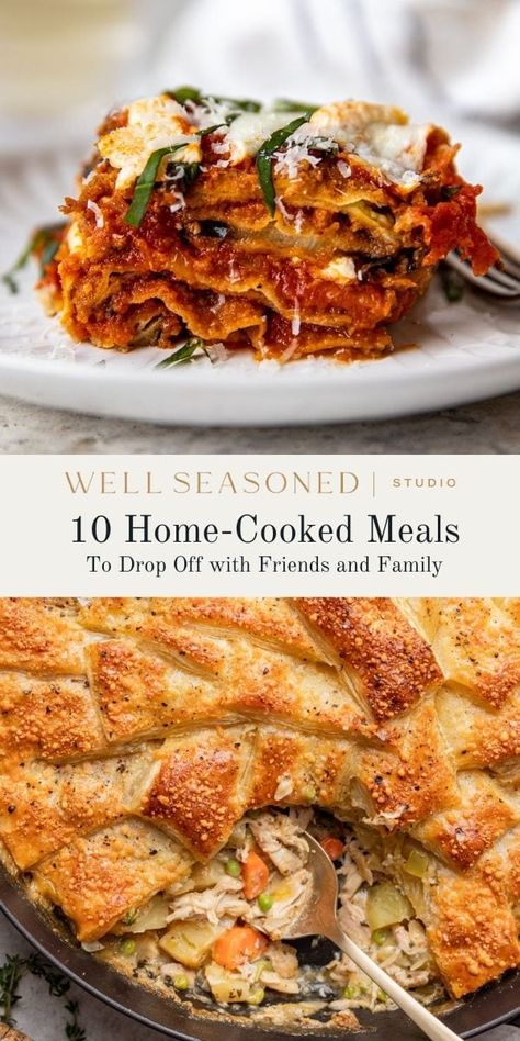 Is there anything more comforting than receiving a warm, home-cooked meal? Sharing food is a universal language of love and care. That's why I'm sharing a collection of 10 hearty, family-style recipes perfect for dropping off to friends and family. These dishes are not only delicious but also designed to be easily reheated and serve a crowd. Whether happy or sad life events, I'm convinced a homemade meal can make all the difference. #wellseasonedstudio #familystyle #freezerfriendly Best Reheated Meals, Meals To Give To Families, Take Along Meals, Meals For Funerals Families, Freezer Meals For Sick Friends, Meals That Reheat Well, Easy To Reheat Meals, Meal For Sick Friend Families, Meals To Bring To Someone After Surgery