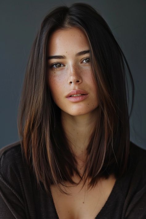 Dark Layered Hair With Highlights, Womens Straight Hairstyles, Medium Hair With Highlights Brunettes, Haircut Brunette Long, Medium Asian Haircut For Women, Mid Length Haircut Brunette, Mid Length Dark Hair With Highlights, Dark Brown Summer Hair Color, Mid Brunette Hair