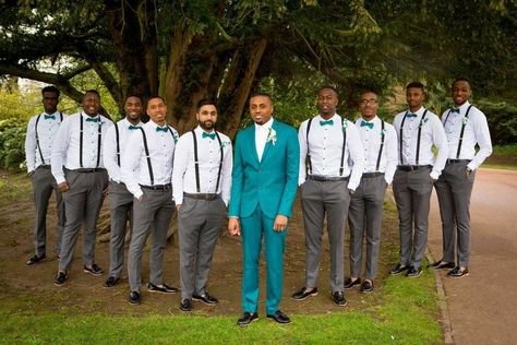 Turquoise Suit Mens Groomsmen, Teal Wedding Suit Groom, Peacock Groomsmen Attire, Teal And Grey Wedding Ideas, Teal Groom Suit, Teal Groomsmen Attire, Groomsmen Attire Rustic, Turquoise Groomsmen, Fall Wedding Groomsmen Attire