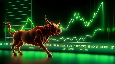 Bull with background of uptrend stock market. Concept of bullish market. AI generated Bull Market, A Bull, The Middle East, Middle East, Stock Market, In The Middle, The Middle