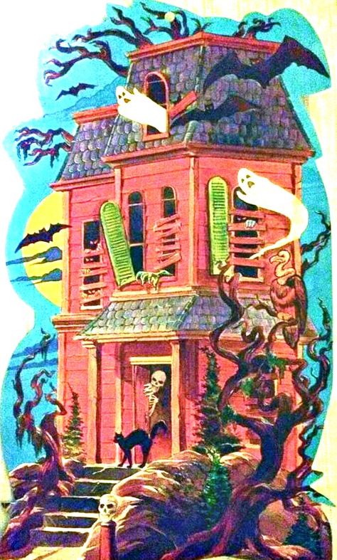 vintage Halloween 1970s? haunted house, ghosts, skeleton, black cat, bat, Victorian home Happy Halloween Quotes, Happy Halloween Funny, Happy Halloween Pictures, Vintage Halloween Art, Halloween Pics, Vintage Halloween Photos, Blow Molds, Vintage Halloween Images, Happy Halloween Signs