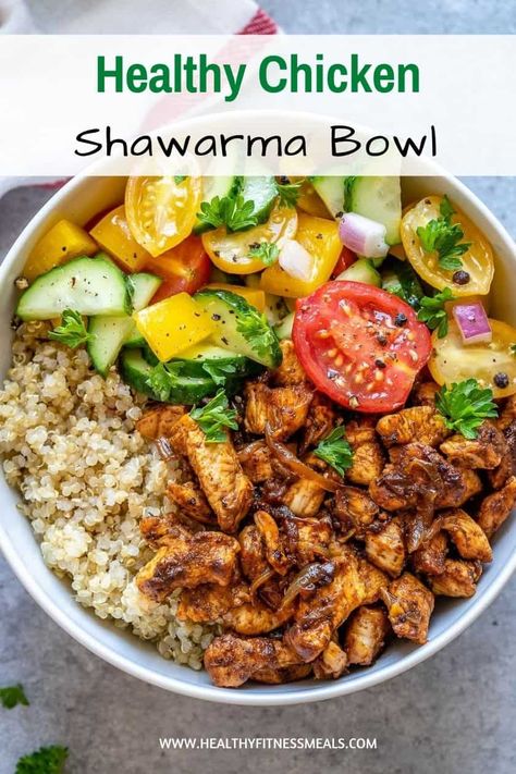 These Chicken Shawarma Bowls are the perfect weeknight meal the whole family will love! Tender and flavorful seasoned chicken chunks served in a bowl with salad and quinoa! So healthy, delicious, and filling. #chickenbowl #chickenrecipe #shawarma #chickenshawarma via @healthyfitnessmeals Shawarma Bowl, Mediterranean Recipes Healthy, Mediterranean Diet Recipes Dinners, Healthy Bowls Recipes, Easy Mediterranean Diet Recipes, Healthy Bowls, Chicken Shawarma, Dinner Bowls, Health Dinner Recipes