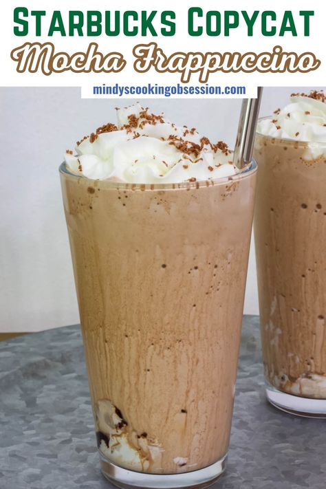 Making a Starbucks Frappuccino at home has never been easier with our easy and delicious recipe. Instant coffee granules, milk, chocolate sauce and ice are blended together and then topped with whipped cream and shaved chocolate. It's the perfect frozen coffee drink, especially on hot days! via @mindyscookingobsession Blended Mocha Coffee Recipe, Instant Coffee Frappuccino, Blender Coffee Recipes, Frozen Whipped Coffee Recipe, Ninja Creami Coffee Drinks, Espresso Powder Recipes Coffee, Frozen Whipped Coffee, Frozen Mocha Coffee Recipe, Iced Coffee Flavors