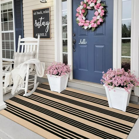 PRICES MAY VARY. [Premium Cotton Material] Our outdoor rug are made of thick and sturdy cotton fabric. Using environmentally friendly and safe fabric, hand woven, without loose or curled edges, non fading [Perfect Size for Hello Doormat] We have various sizes to choose from. The small washable rug can be perfectly placed on the front door as a welcome mat or used as a double-layer door mat. Easily add atmosphere and color to your porch [Easy to Clean] Just vacuum or shake our porch rug to keep i Modern Front Porch Decor, Curled Edges, Spring Porch Decor, House Front Porch, Drawing Room Decor, Outdoor Mats, Doors Ideas, Porch Living, Farmhouse Front Porches