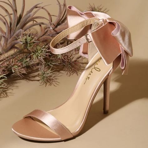 Ayanna Blush Satin Bow Ankle Strap High Heel Sandals Rose Shoes Heels, Blush Pink Wedding Heels, Rose Gold Heels Wedding, Fairytale Heels, Quinceañera Shoes, Pink Prom Shoes, Champagne High Heels, Quince Heels, Pink Bow Heels