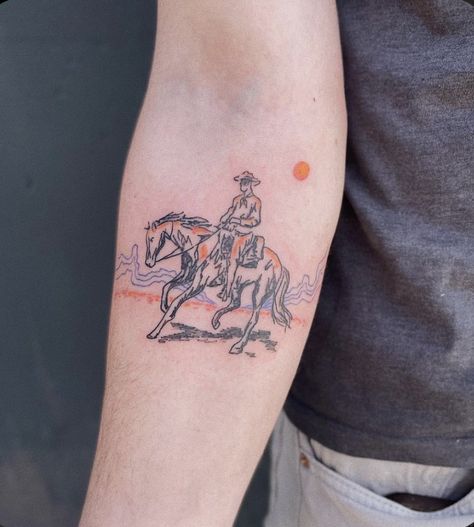 Old Cowboy Tattoos, Wyoming Inspired Tattoos, Old Western Tattoos Vintage, Country Inspired Tattoos, Cowboy Riding Horse Tattoo, Tattoo Ideas Male Leg, Wyoming Tattoo Ideas, Western Tattoos Sleeve, Leg Tattoo Drawings