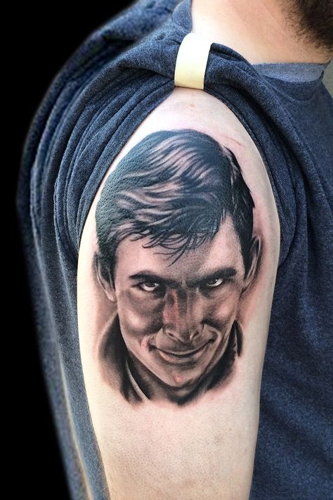 Norman Bates Tattoo by Ricky Borchert Norman Bates Tattoo, Norman Reedus Tattoos, Walking Dead Tattoo, Aquarius Tattoo, Sparrow Tattoo, Alfred Hitchcock Movies, Movie Tattoo, Norman Bates, City Tattoo