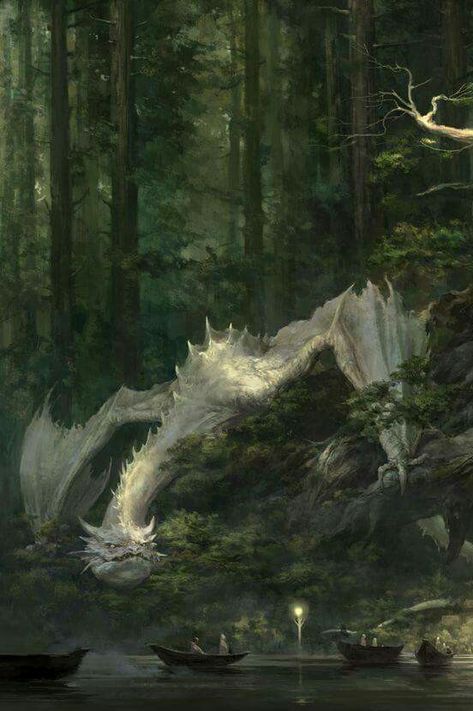 A Dragon, Trees, Forest, Water, Art