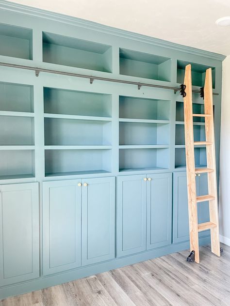 Ikea Library Wall Built In Hack Built In For Playroom, Building A Built In Bookcase, Built In Storage Shelves, Ikea Built In Bookshelves, Ikea Billy Built In, Built In Makeover, Billy Bookcase Hack Built Ins, Ikea Office Built In, Ikea Library Hack