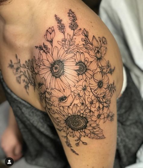 Flower Cap Sleeve Tattoo, Floral Cap Sleeve Tattoo, Roses And Sunflowers Tattoo Half Sleeves, Boho Floral Tattoo, Floral Shoulder Cap Tattoo, Cap Sleeve Tattoos, Shoulder Cap Tattoos For Women, Metamorphosis Tattoo, Nature Sleeve