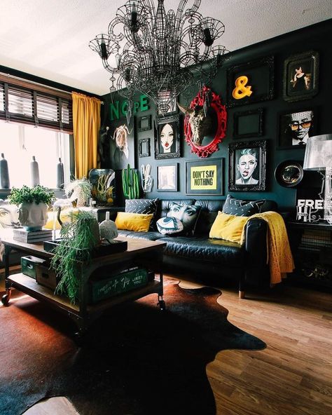 Dark moody maximalist living room / pop of colour / yellow living room / green living room /black living room Black Living Room Decor, Dark Living Rooms, Gallery Wall Inspiration, Dark Home Decor, Gallery Wall Living Room, Black Living Room, Eclectic Living Room, Gallery Walls, Living Room Green