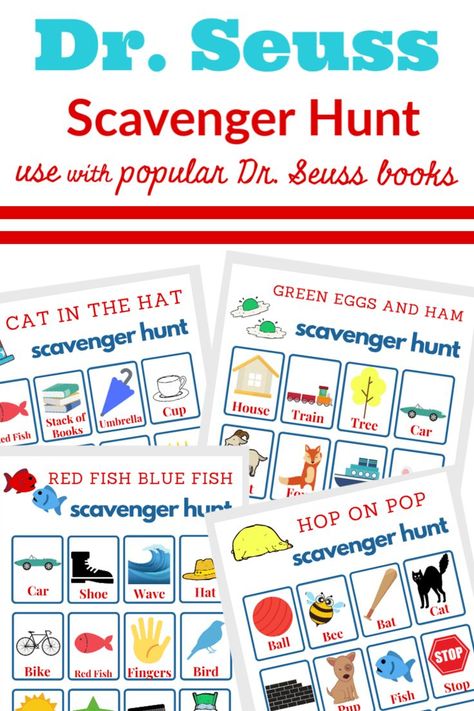 Whether as a reading and word recognition activity or as a game, this free Dr. Seuss Scavenger Hunt printable is always a hit with children of all ages. #drseuss #printable #scavengerhunt Dr Seuss Scavenger Hunt, Dr Seuss Game, Book Scavenger Hunt, Dr Seuss Preschool, Dr Seuss Activities, Hop On Pop, Dr Seuss Crafts, Scavenger Hunt Printable, Dr Seuss Books