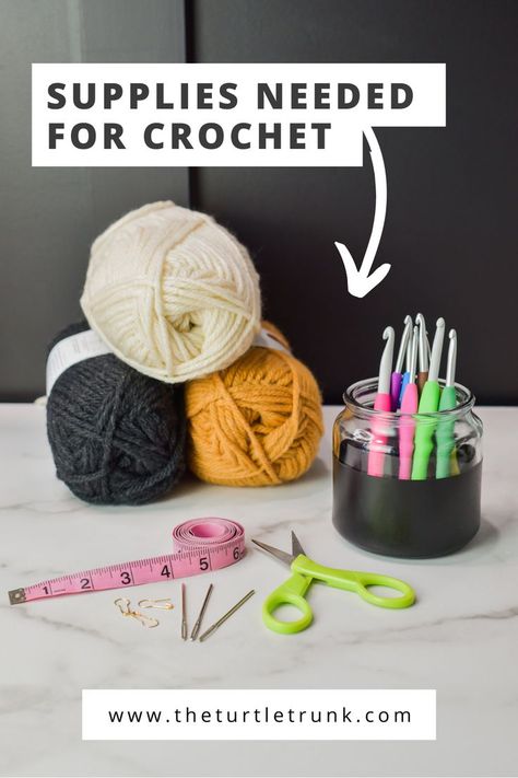 Photo of the supplies needed for crochet. Supplies pictured include yarn, crochet hooks, scissors, yarn needles, a tape measure, and stitch markers. Crochet 101 Learning, Crochet Supplies Storage, Learn Crochet Beginner, Learning To Crochet, Visual Learner, Crochet 101, Crochet Best, Crochet Classes, Crochet Cushion Cover