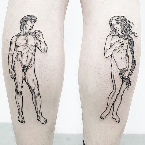 David by Michaelangelo and Birth of Venus by Sandro Botticeli The David Tattoo, Michaelangelo David Tattoo, Michaelangelo Tattoos, Renesance Tattoo, David Statue Tattoo, David Michaelangelo, Afrodita Tattoo, Statue Of David Tattoo, Birth Of Venus Tattoo