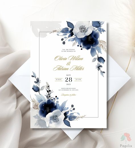 This invitation is perfect for couples seeking a blend of modern elegance and classic charm for their special day. Featuring a stunning watercolor floral design, this invitation showcases a sophisticated palette of navy and white with touches of gold, creating a timeless and graceful look. TRY BEFORE YOU PURCHASE Copy the link and paste it into your browser.   DEMO Link: https://www.canva.com/design/DAGKXKe3H4I/VjZHrTOQo5DvZI9iqEbvJA/view?utm_content=DAGKXKe3H4I&utm_campaign=designshare&utm_medi Navy And Gold Wedding Invitations, Blue White Gold Wedding, Blue And White Floral Wedding, Wedding Invitations Elegant, White Floral Wedding, Navy Blue Wedding Invitations, Flower Wedding Invitation, Blue Wedding Invitations, Floral Wedding Invitation