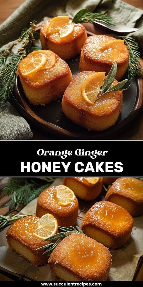 These Orange Ginger Honey Cakes are packed with bright citrus flavor, spicy ginger, and a hint of sweetness from honey. Perfect for a cozy afternoon snack or a special dessert! Honey Ginger Cake, Orange And Honey Cake, Lemon Ginger Dessert, Orange Marmalade Recipe Desserts, Fresh Orange Recipes, Orange Honey Cake, Fresh Ginger Recipes, Orange Desserts Easy, Recipes With Oranges