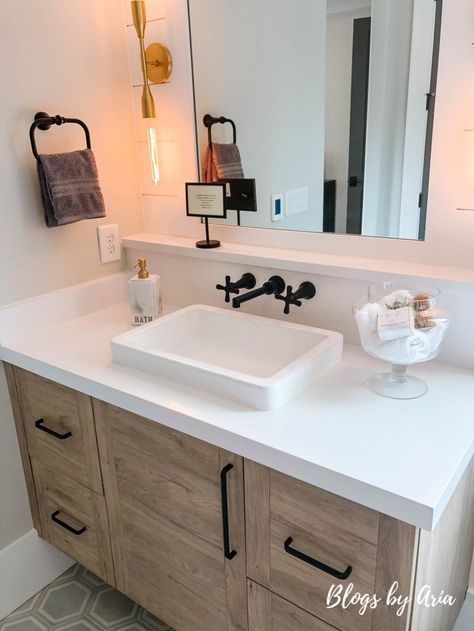 Bathroom Vanity Raised Sink, Bathroom Raised Sink, Bathroom Vanity With Raised Sink, Raised Bathroom Sinks, Washed Oak Vanity Bathroom, Bathroom Sink Renovation, Raised Sink Bathroom Vanity, White Wash Bathroom Vanity, White Wash Bathroom