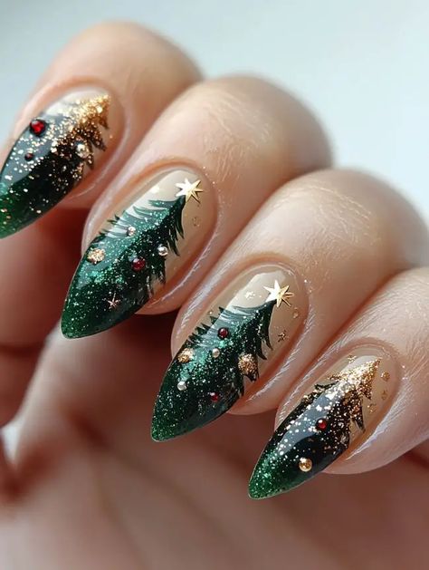 24 Xmas Nail Design Ideas For Christmas In 2024 Xmas Tree Nail Art, Harry Potter Christmas Nail Art, Green Tree Nails, Christmas Tree Nail Art Designs, Nail Art Christmas Tree, Sparkly Green Christmas Nails, Christmas Nails Design Ideas, Pine Tree Nails, Forest Fairy Nails