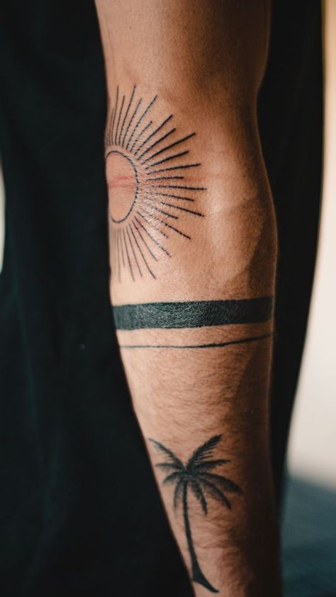 Elbow Tattoo Men, Elbow Tattoo, Elbow Tattoos, A Tattoo, Arm Tattoo, Palm Tree, Tattoo Ideas, Sun, Tattoos