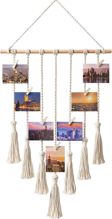 AmazonSmile - Mkono Hanging Photo Display Macrame Wall Hanging Pictures Decor Boho Chic Home Decoration for Apartment Bedroom Living Room Gallery, with 25 Wood Clips - Hanging Photo Display, Picture Organization, Wood Clips, Teen Girl Room Decor, Macrame Wall Decor, Teen Girl Room, Boho Living Room Decor, Boho Room Decor, Wall Hanging Diy