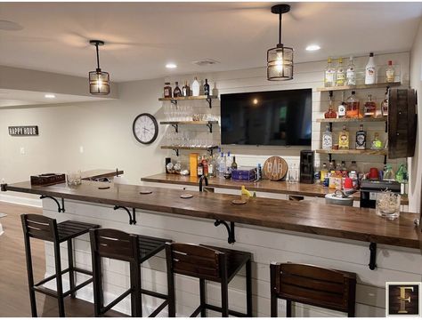 Basement Bar Pendant Lights, L Shape Basement Bar, Basement Sports Bar Ideas, Basement Oasis, Farmhouse Bar Ideas, Basement Vibes, Attic Bedroom Ideas Angled Ceilings, Basement Bar Ideas On A Budget, Basement Sports Bar