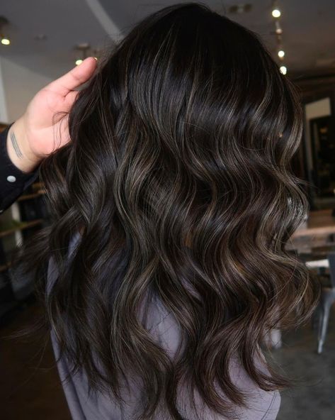 Barely There Blonde in Black Hair Dark Ash Balayage Brunettes, Dark Brown Hair Subtle Money Piece, Subtle Blonde Balayage On Dark Hair, Brown Balayage Highlights, Dark Brunette Balayage, Balayage Styles, Ash Balayage, Natural Dark Hair, Light Brown Balayage