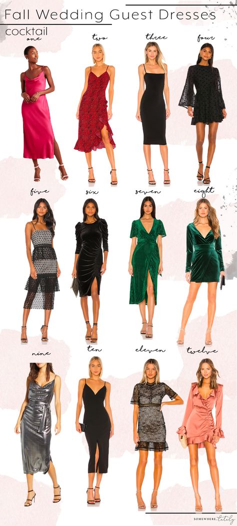 Fall Wedding Guest Dress Roundup Fall Wedding Guest Cocktail Attire, Wedding Guest October Outfit, Fall Evening Wedding Guest Dress, Winter Cocktail Wedding Guest, Winter Country Wedding Guest Outfit, Fall Wedding Guest Hair, Cocktail Dress Wedding Guest Fall, Fall Garden Wedding Guest Dress, Fall Cocktail Wedding Guest Dress