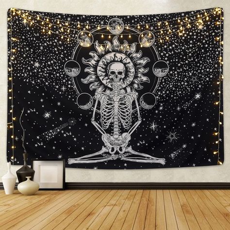 Meditation Skeleton, Chakra Tapestry, Skeleton Tapestry, Skull Tapestry, Sun And Moon Tapestry, Den Mrtvých, Star Tapestry, Moon Tapestry, Black And White Stars