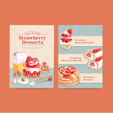 Menu template with strawberry baking des... | Free Vector #Freepik #freevector #strawberry-cake #sweet-cake #cake #bakery-watercolor Cute Menu Ideas Design, Dessert Menu Design Ideas, Cute Menu Design, Cafe Poster Design, Strawberry Baking, Free Templates Download, Baking Design, Menu Design Ideas, Menu Design Inspiration