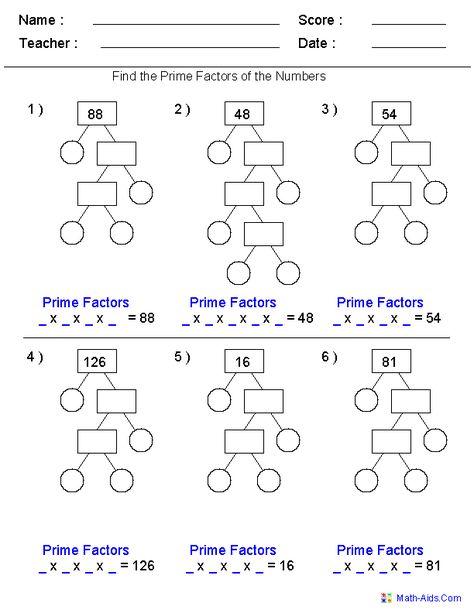 Prime Factorization Trees Factors Worksheets- Use for homework or in class assignment Prime Numbers Worksheet, Prime Factorization Worksheet, Factor Trees, Factors And Multiples, Greatest Common Factors, Prime Factorization, Common Factors, Communication Board, Fractions Worksheets