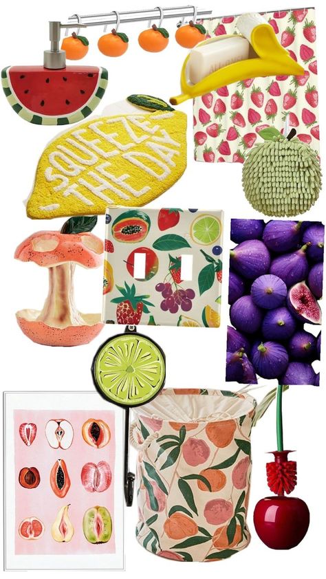 fruit theme bathroom decor Fruity Bathroom Decor, Fruit Interior Design, Fruit Themed Kitchen, Fruit Bathroom, Maximalist House, Theme Bathroom, Fruit Kitchen, Fruit Decor, Summer Decor