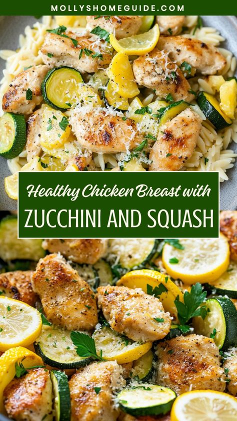 Indulge in a delightful dinner with this tasty recipe of juicy chicken breast paired perfectly with flavorful zucchini and squash. A wholesome meal that's easy to prepare and bursting with delicious flavors - perfect for a weeknight dinner or cozy weekend gathering. Elevate your dining experience with this nutritious dish that is as satisfying as it is delectable. Recipes With Chicken And Zucchini, Easy Healthy Chicken Recipes Quick, Rotisserie Chicken And Zucchini Recipes, Healthy Dinner With Chicken Breast, Chicken Squash Zucchini, Chicken And Squash Recipes, Chicken Breast Keto Recipes, Meals With Zucchini, Squash Dinner Recipes