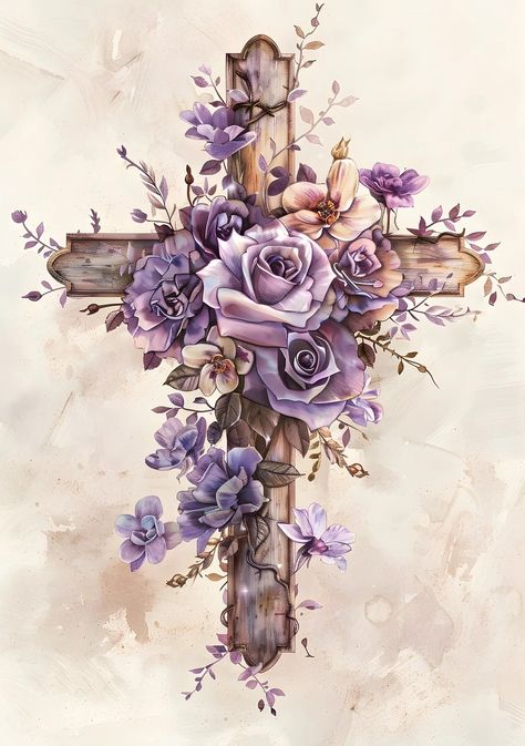 Flores Wallpaper Vintage, Purple Cross Wallpaper, Cross With Flowers Drawing, Pretty Cross Wallpaper, Bible Journal Stickers, Jesus Cross Wallpaper, Cross With Flowers, Bible Journaling Printables, Cross Pictures