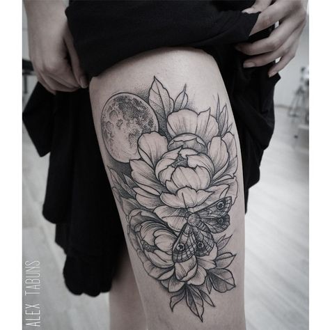 Love the layout/moth placement/detailed lines - Alice Tabuns Alex Tabuns, Full Moon Tattoo, Moth Tattoo, Flower Tattoo Sleeve, Peonies Tattoo, White Tattoo, Flower Tattoo Designs, Nature Tattoos, Love Tattoos