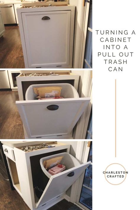 Turning a Cabinet into a Pull Out Trash Can - Charleston Crafted Pull Out Kitchen Cabinet, Hide Trash Cans, Pull Out Trash Cans, Trash Can Cabinet, Kitchen Trash Cans, Wood Kitchen Cabinets, Diy Kitchen Cabinets, Upper Cabinets, Kitchen Projects