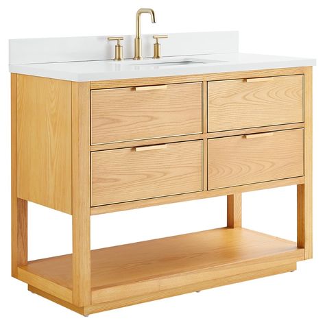 Dayton 48" Woodgrain Vanity with Pure White Quartz Top and Ceramic Basin | Tilebar.com Built In Bathroom Vanity, 48 Inch Bathroom Vanity, 48" Vanity, Teak Vanity, Carrara Marble Countertop, Freestanding Vanity, Ceramic Basin, Small Bath, Bathroom Vanities For Sale