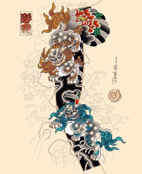 Foo Dog Tattoo Design, Foo Dog Tattoo, Tattoo Japanese Style, Japan Tattoo Design, Fu Dog, Irezumi Tattoos, Traditional Japanese Tattoos, Asian Tattoos, Japanese Sleeve Tattoos