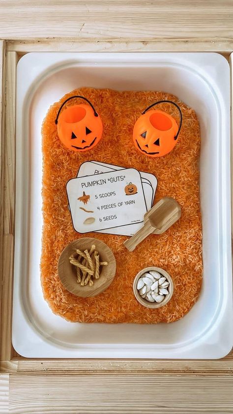 Kenzie Renea - my mom goals this season include fall... Orange Rice Sensory Bin, Fall Edible Sensory Bin, Daycare Sensory Bins, Toddler September Themes, Sensory Table Halloween, Sensory Bins For Toddlers Fall, Yarn Sensory Bin, Pumpkin Sensory Table, Halloween Sensory Bin Ideas