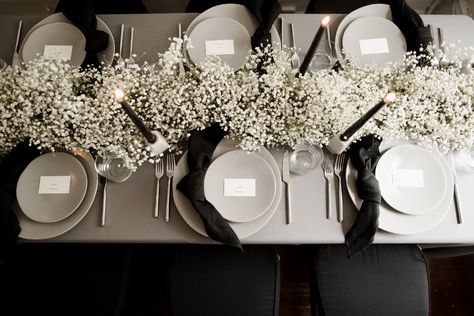 Monochromatic Wedding, Black Taper Candles, White Wedding Decorations, Winnipeg Wedding, Breath Flowers, Black And White Wedding, Black And White Decor, Baby's Breath, Reception Table