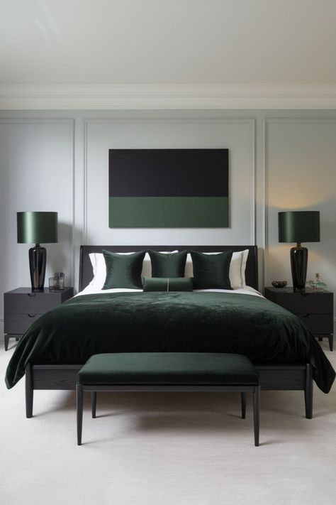 30 Trendy Black and Dark Green Bedroom Ideas for Modern Living Dark Green Bedroom White Walls, Green Black Bedroom Ideas, Dark Green And Blue Bedroom, Black And Dark Green Bedroom, Green And Black Bedroom, Blue And Green Bedroom, Black And Cream Bedroom, Dark Green Bedroom Ideas, Dark Green Bedroom