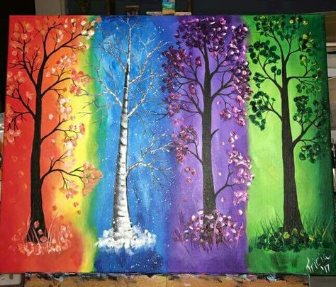 4 Seasons Painting, Seasons Painting, Tree Of Life Painting, Painting Kids, Pretty Trees, Kids Canvas, Carving Art, Easy Canvas Painting, Tree Drawing