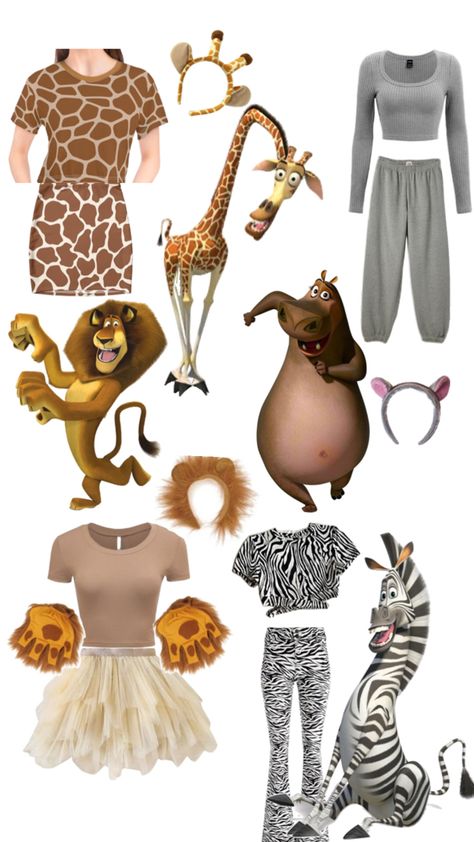 I have never seen this costume four person costume cute and funny Madagascar Halloween Costumes, Chipettes Costume, Madagascar Costumes, Animal Costumes Women, Wild Kratts Costume, Black Hair Halloween Costumes, Lion Outfit, Party Animal Costume, Shrek Costume